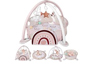 derimkcoa 4-in-1 Baby Play Mat Baby Gym,Tummy Time Mat for Floor Activity Gym Ball Pit Including 30 Balls with 5 Infant Learning Sensory Baby Toys for Newborn Toddler Boy & Girl Gifts(Rainbow)