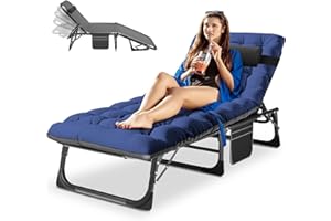 Meulbaty Folding Lounger – 200kg Weight Capacity, Foldable Guest Bed with Mattress, Side Pockets, Adjustable Headrest, and Backrest – Ideal for Office, Patio, Garden, Camping, and Sunbathing (Blue)