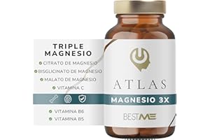 BESTME SUPLEMENTOS INTELIGENTES Triple Magnesio 3X Citrato, Bisglicinato y Malato 988 mg | Reduce el Cansancio y la Fatiga, Alivia el Dolor Muscular y Articular, Regula el Sistema Nervioso, 60 Cápsulas con Vitaminas C/B6/B5 (Atlas)