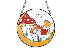Tuitessine Mushroom Stained Glass Suncatcher Moon Toadstools Window Wall Hanging Ornament Hand-Painted Glass Panel Decor for Home Gift for Nature Plant Mushroom Lovers 6.3"*6.3"