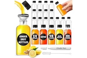 Volila Ginger - Lot de 24 mini bouteilles à shot en verre avec entonnoir verseur, autocollants ronds et stylo craie pour étiquetage, huiles essentielles, whisky, alcool, dragées de mariage