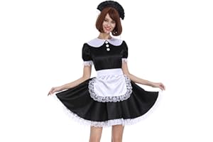 GOceBaby Women Sissy Maid Black White Shiny Satin Lockable Dress Uniform Crossdresser