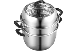 VEVOR Olla Vaporera de Acero Inoxidable 28 cm Con Olla de 8 L Vaporera para Alimentos con Tapa de Vidrio 1 Cesta 2 Bandejas de Vapor 3 Niveles con 1 Par de Guantes Aislantes para Cocinar al Vapor