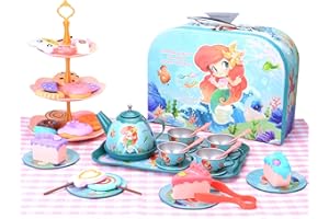 17Tek Mermaid Pretend Tin Teapot Set, 49PCS Preschool Kitchen Pretend Play Toy Tea Sets Gift for Little Girls, Princess Tea Time Mermaid Party Set with Carrying Case and Table Cloth