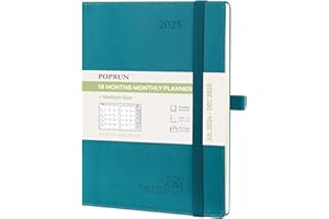 POPRUN A5 Month to View Diary 2024-2025 22x16.5cm (18-Month: Jul'24 - Dec'25) Monthly Planner, PU Leather Softcover, Sunday Start, Monthly Tab (Pacific Green)