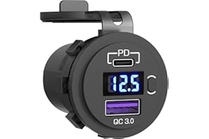 QIDOE Power Delivery 3.0 USB C gniazdko 12 V: typ C PD i QC 3.0, gniazdo USB, gniazdo do zabudowy, 12 V, ładowarka samochodowa, adapter do papierosów, wtyczka z przełącznikiem, woltomierz LED, do