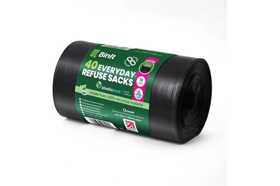 BIN IT 40 Everyday 70L Strong & Secure, Refuse Sacks, Bin Bags, Bin Liners, Flat Top, Recycled, Tear Resistant, 30 μm, Perfect for Everyday Use, Household, Office, Kitchen & Caterers