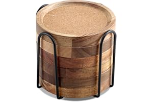 WLWNWFT Wood Coasters for Drinks Absorbent with Holder, Acacia Wood Cork Coaster Rustic Coasters for Coffee Table Dining Table Wooden Table Coasters for Farmhouse Desk, Set of 6
