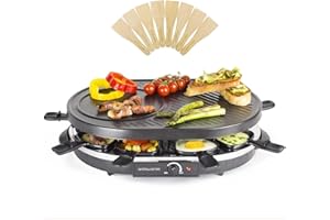 Andrew James 8 Person Traditional Raclette Grill with 8 Pans & Spatulas | Adjustable 1200W Thermostatic Control | Easy Clean Non-Stick Surfaces | Perfect for Parties and Indoor Use