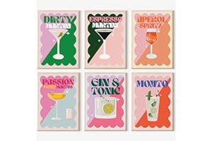 askkqtx 6 Pack Vintage Cocktail Paint by Numbers Kit for Adults, Easy DIY Oil Retro Adult Paint by Numbers for Beginners, Painting by Numbers for Adults on Canvas Gift Bar Home Decor 8x12 Inch