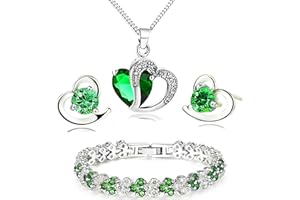 Findout Jewelry Set for Women, Sterling Silver Amethyst Green Crystal Heart Pendant Necklace and Earrings with Bracelets Jewelry Sets for Women and Girls (green crystal)