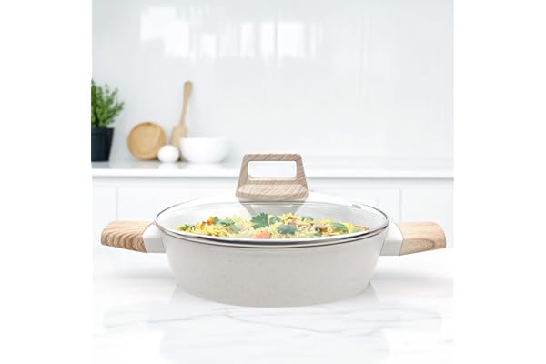 SOLARA Belmont Ceramic Non Stick Kadai With Lid for Cooking, 2.2 Litre/24Cm Non Stick Kadhai, Cast Aluminium Body casserole, Stew Pot, Biriyani Bowl, Gas & Induction Compatible, Ivory