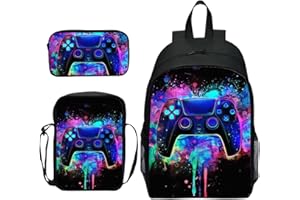 Joalpysm 3-Piece Gaming Backpack, Backpack Set with Controller Print, Cool Black Gaming Daypack & Crossbody Bag, Large Capacity School Bag Waterproof Laptop Backpack for Students & Gamers