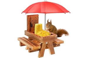 KTCINA Squirrel Feeder with Umbrella, Wood Wooden Squirrel Picnic Table Feeder with Corn Cob Holder, Outdoor Wildlife Feeding Station Squirrels House Garden Ornament for Birds and Squirrels