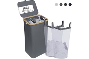 NOSTHEART Panier à Linge 2 Compartiments 100L Corbeille à Linge Pliable avec Couvercle & Bambou Poignée, Panier à Linge Sale pour Sale Vêtements, L Gris Clair