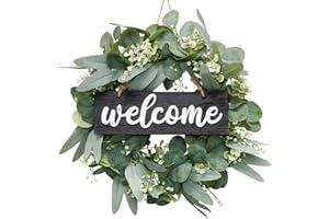 ‎LOMOHOO LOMOHOO 46 cm Wreath for Front Door, Artificial Spring Summer Door Wreath with Welcome Sign Made of Wood, Front Door Eucalyptus Wreath with Handmade Wooden Hanging Sign, Home Decoration for Indoor