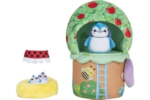 Squishville SQM0209 Deluxe tiptop trädhus inkluderar 5 cm babs den blå jay plysch, nyckelpiga klänning, fågelbo och trädhus lekscen-leksaker för barn, multi, flerfärgad