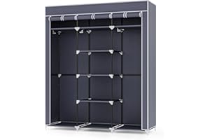 MONDEER Meerveil Wardrobe, Wardrobes for Bedroom, Canvas Wardrobe, Storage Organizer for Clothes, Portable Wardrobe with 2 Clothes Rails, 175 x 150 x 45 cm, Grey