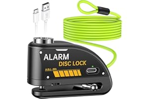 YBLNTEK Motorbike Alarm Disc Lock Rechargeable, 120dB 7mm Pin Motorcycle Disc Brake Lock with 5.9FT Reminder Cable, High Security Anti-Theft Motorbike Locks for Bike Moped Vespa Motocross E-Bike