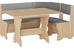 Rodnik Eckbankgruppe Malta 111x151cm, Sitzbank, Truhenbank, Kunstleder grau, Esstisch ausklappbar 90-118 cm Sonoma Eiche