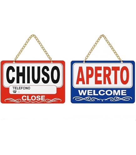Panneau Bifacial Ouvert/Fermé/Torno Subito Italien - Enseigne Magasin Argentée 17x6,5cm