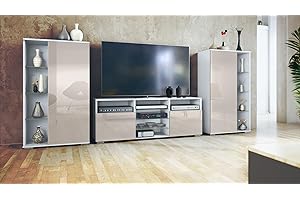 Vladon Wohnwand Davos, Anbauwand bestehend aus 2 Vitrinen und 1 TV-Board, Weiß matt/Sandgrau Hochglanz (329 x 134 x 35 cm)