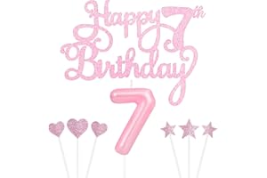 YIRAN Personalised Happy 7th Birthday Cake Topper with Pink Number 7 Candles, Star Heart Cupcake Toppers Decorations Set for Her Him Girls Birthday Anniversary (Set 8)