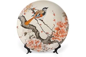 GOKAYS Decorative Plates, Bird & Peony Flower Chinese Meticulous Painting Display Plate for Home Office Kitchen Table Decor Porcelain Plates 15 CM, Birthday Gifts