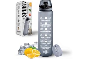 Roe Tenpo Water Bottle 1L, Sports Water Bottle with Time Markings, BPA-Free, Leak-Proof Drinks Bottle, Perfect for Running, Cycling, Gym, Yoga, Camping and Outdoor Activities, Grey