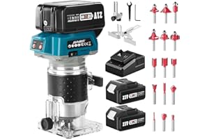 Avhrit Fresadora Inalámbrica para Madera 21V, Fresadora de Madera Compacta con 2 Baterías 4.0Ah, 6 Velocidades, 33.000RPM, 15 Mandriles Collets 1/4" resadora Madera para carpintería
