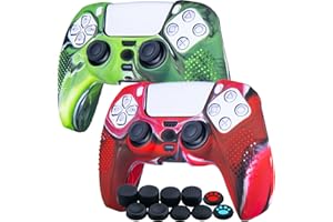 YoRHa Studded Silicone Rubber Gel Customizing Skin Cover for PlayStation 5 PS5 Controller x 2(Camouflage Red+Green) with Pro Thumb Grips x 10