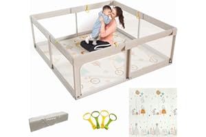 Mloong Parc Bebe, 150x150x68cm Parc Enfant avec Tapis Enfant, Parc Bebe xxl avec Barrières, Parc Bébé en Tissu Oxford, Parc De Jeux Bébé avec Filet Respirant Sur Quatre Côtés et Ventouses