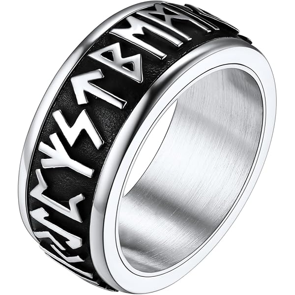 Bague Rune Viking Argent Sterling 925 Bicolore - Alphabet Futhark Ancien - Pour Homme Et Femme Taille 56-70