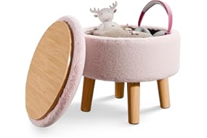 BRIAN & DANY Footstool with Storage, Small Storage Ottoman, Faux Fur Round Stool with Lid, Foot Stool with Legs for Living Room Entryway, Pink
