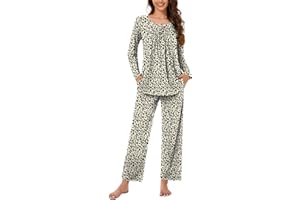 Bestbee Women's Pyjamas Set, 2 Piece Pleated Nightwear Set Long Sleeve Long Pant With Pockets Ladies Pjs Set