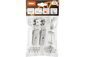 Blumotion Lot de 2 charnières droites à 110° pour meuble avec ressort, vis, butée d'angle + clip Blumotion, plaque de montage excentrique, acier, vis, distance 0 mm
