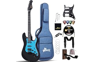 Winzz Guitarra Eléctrica Adulto 4/4 Tamaño Completo, Pastilla HSS, Guitarra Eléctrica ST para Principiantes Pack con 12 Accesorios, Electric Guitar Kit por 12+ Años (39" Negro Mate, Pickguard Azul)