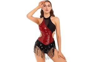 inhzoy Donna Body da Danza Ballo Latino Americano con Paillettes Nappa Vestito da Pattinaggio Artistico Frange Lustrino Leotards Senza Maniche da Classica Ballerina Jazz Samba