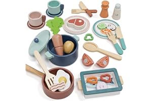 Lehoo Castle Accesorios Cocina Juguetes, Comida Madera Juguete, Comida Juguete Cocinita Ollas y Sartenes, Cocinita de Madera Infantil, Juguetes Montessori 2 3 4 Año