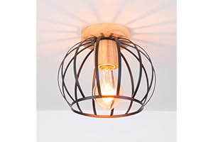iDEGU Vintage Plafonnier Industriel en Métal Cage avec Décor en Bois Suspensions Lustres Abat-Jour Géométrique Design Luminaire E27 Lampe de Plafond pour Chambre Salon Café Entrée Couloir (20CM, Noir)