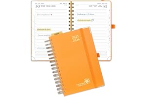 POPRUN Agenda Giornaliera 2025 2026 A5 Spirale, Daily Planner 21,5 x 14,5 cm 1 Giorno 1 Pagina da Ago.2025 a Lug.2026 con Schede Mensili, Angoli Protettivi Dorati, Carta Spessa da 80 GSM, Arancione