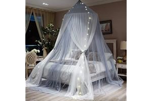 LILOVE Grand Romantique Filles Princesse Moustiquaire Ronde Dôme Rideau Lit À Baldaquin Dentelle Literie Tente, pour 0,9M - 2M Lit Taille Universelle,White+Gray