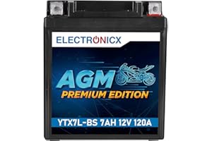 Electronicx AGM akumulator motocyklowy YTX7L-BS 12V 7Ah 120A – bezobsługowy, szczelny, kompaktowy, odporny na wibracje i wycieki – do skutera, quada i motocykla – Wymiary:113x70x128mm.