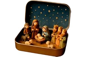 Mini julkrubba set i en metallburk, krubbfigurer krubbset born scen, små krubbfigurer nativity scene gåvor tin, juldekoration för hemmet skrivbord gåvor (#A)