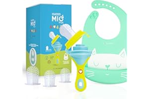 DAHEMA, Ciuccio Frutta Neonati con Bavaglino in Silicone Impermeabile, Succhietto Massaggiagengive per Dentizione. Ideale come Set Pappa Svezzamento. Massaggia Gengive (Azzur)