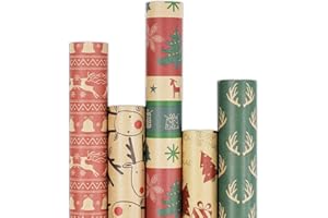 Flow fire 3m x 43cm Christmas Wrapping Paper Roll, 5 Rolls Recyclable Kraft Paper for Xmas Gift Boxes Decoration (5 Festive Patterns)