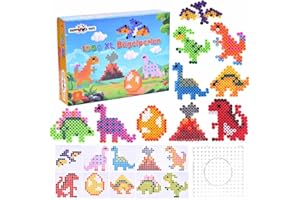 HAPPY PRICE TOYS 1000 Maxi XL 10mm Bügelperlen mit Steckplatte und 10 Dino Muster und 3 Bügelpapier. Kreatives Perlenset zum Basteln für Kinder ab 3 Jahren