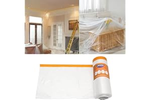 LMWNFEU Plastic Dust Sheets for Decorating,4.5m x 20m Waterproof Masking Film Rolls, Pre-Taped Tape and Drape for Painting Furniture Covering