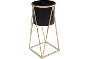 green leaves Metal Planter Stand with Plant Pot Flower Pot for Indoor Balcony Flower Rack (Black, Medium)