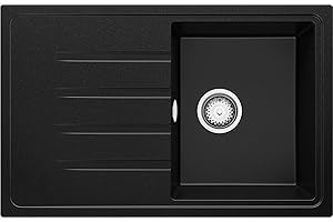 PRIMAGRAN Fregadero Cocina Negro 78x50cm, Granito 1 Seno + Sifón, Sobre encimera al mueble 45cm - Milano S001